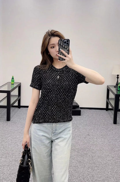C 25 Beaded Micro Sheer Knit Short Sleeve Top(white pink black)