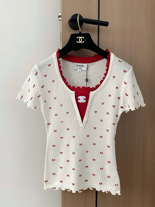 C 25 New Clashing Bow Trim Short Sleeve Knit Top
