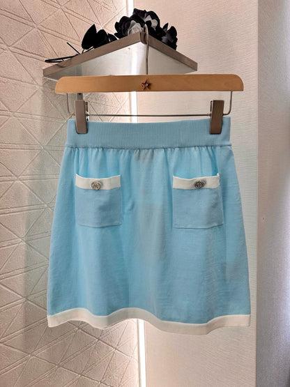 C 25 Chain Short Sleeve Top Half Skirt Set(Blue Navy)