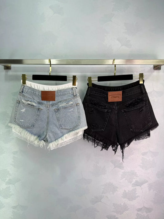 A 25 new ripped removable double waist head denim shorts