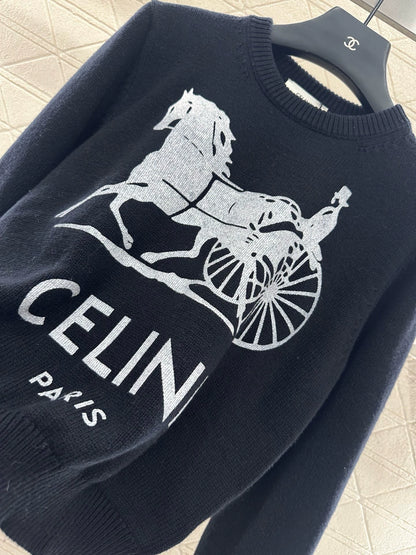 CE 25 Crochet letter carriage knit sweater（Beigei/black）