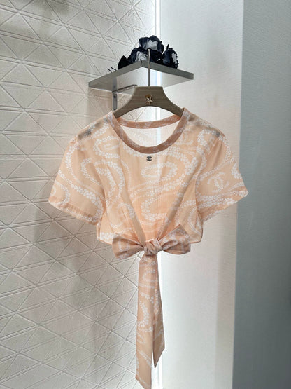 C 25 Printed Lace-Up Short Sleeve Top