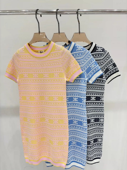 CE 25 Summer new round neck striped jacquard simple slim fit knitted dress