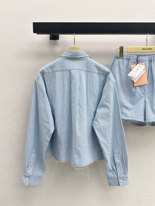 M 25 Hot Spring and Summer Latest Striped Denim Short Shirt + Striped Denim Shorts