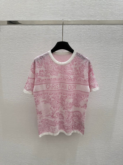 D 25 new color clashing print round neck short sleeve knitting(PINK GREEN GRAY)