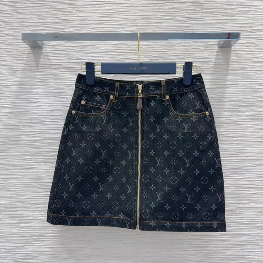 L 25 Colorblocked Printed Zipper Denim Half Skirt