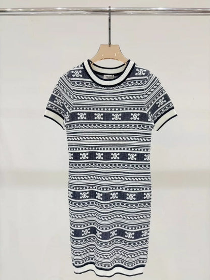 CE 25 Summer new round neck striped jacquard simple slim fit knitted dress