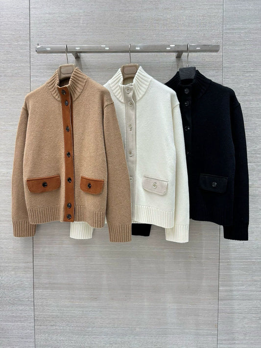 LOR 25 Autumn and Winter Lambskin Trim Leather Button Pure Cashmere Jacket