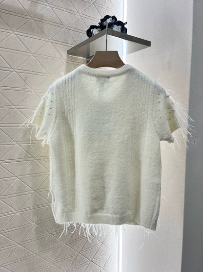 C 25 Rhinestone Feather Knit Cardigan(Black white)