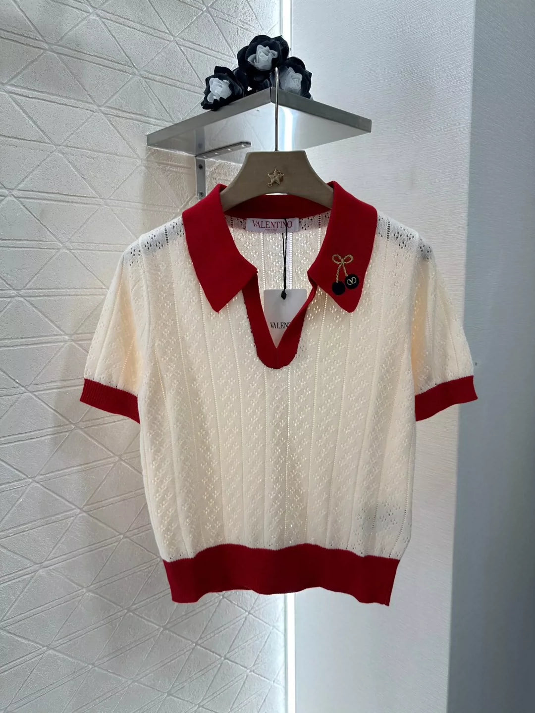 V 25 Spring/Summer Cherry Knit Lapel Short Sleeve Top
