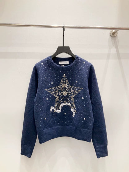 D 25 new style starry sky hot diamond five-pointed star embroidery round neck long sleeve knitted top