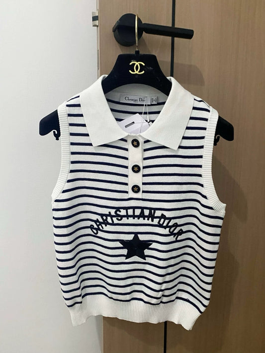 D 25 New Star Letter Embroidery Clashing Color Stripe Button Lapel Sleeveless Knit Tank Top