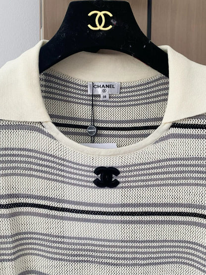 C 25 new color clashing striped lapel short sleeve knit