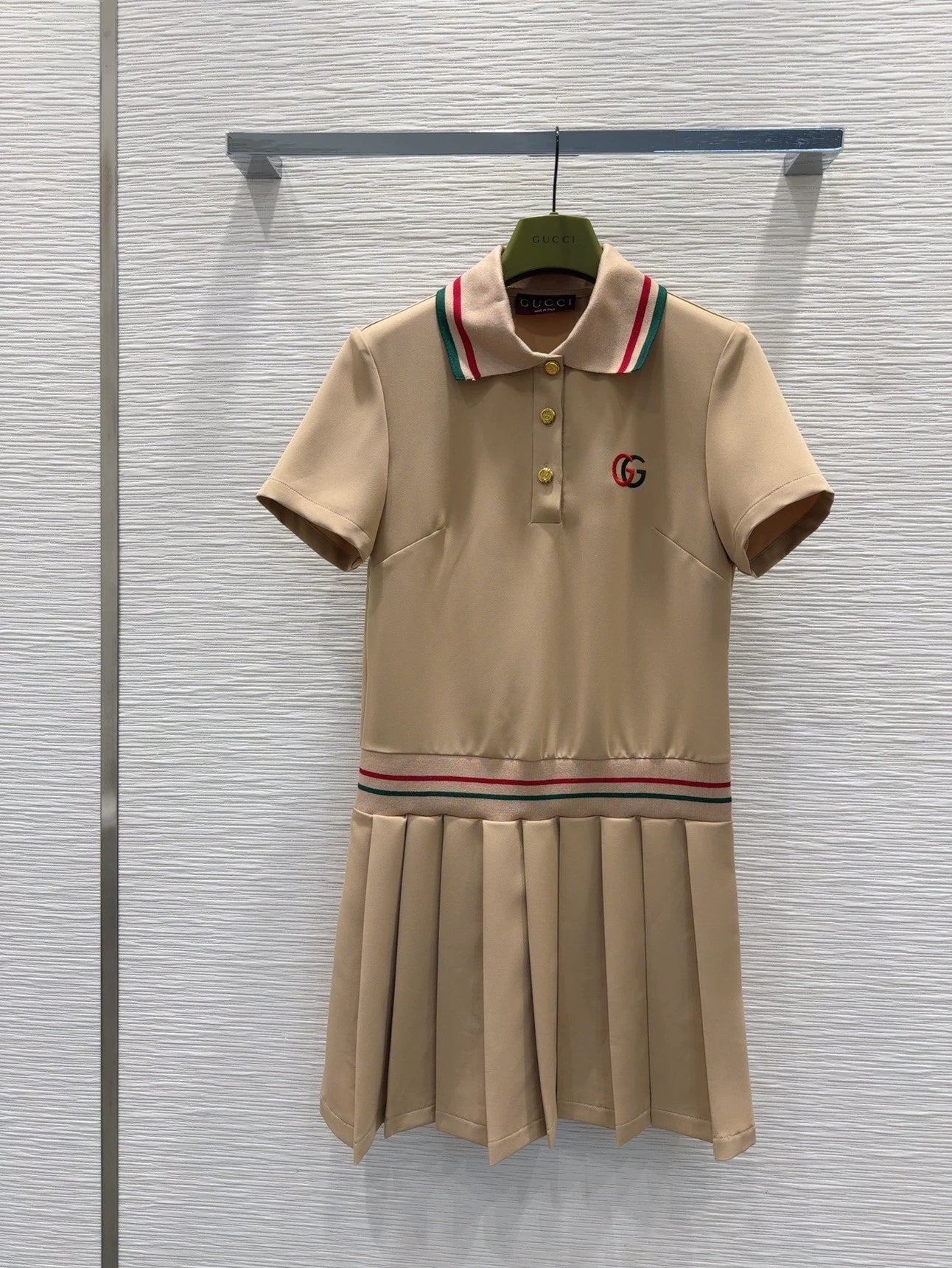 G 25 New Embroidered Letter Striped Button Lapel Short Sleeve Pleated Dresses