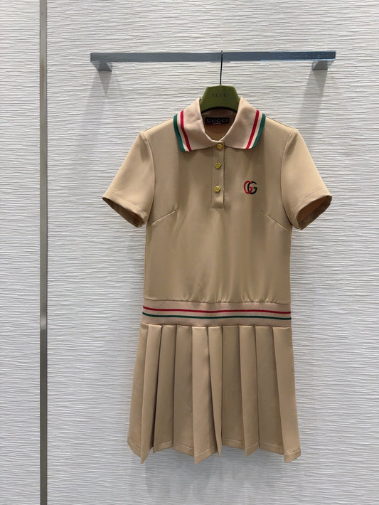 G 25 New Embroidered Letter Striped Button Lapel Short Sleeve Pleated Dresses
