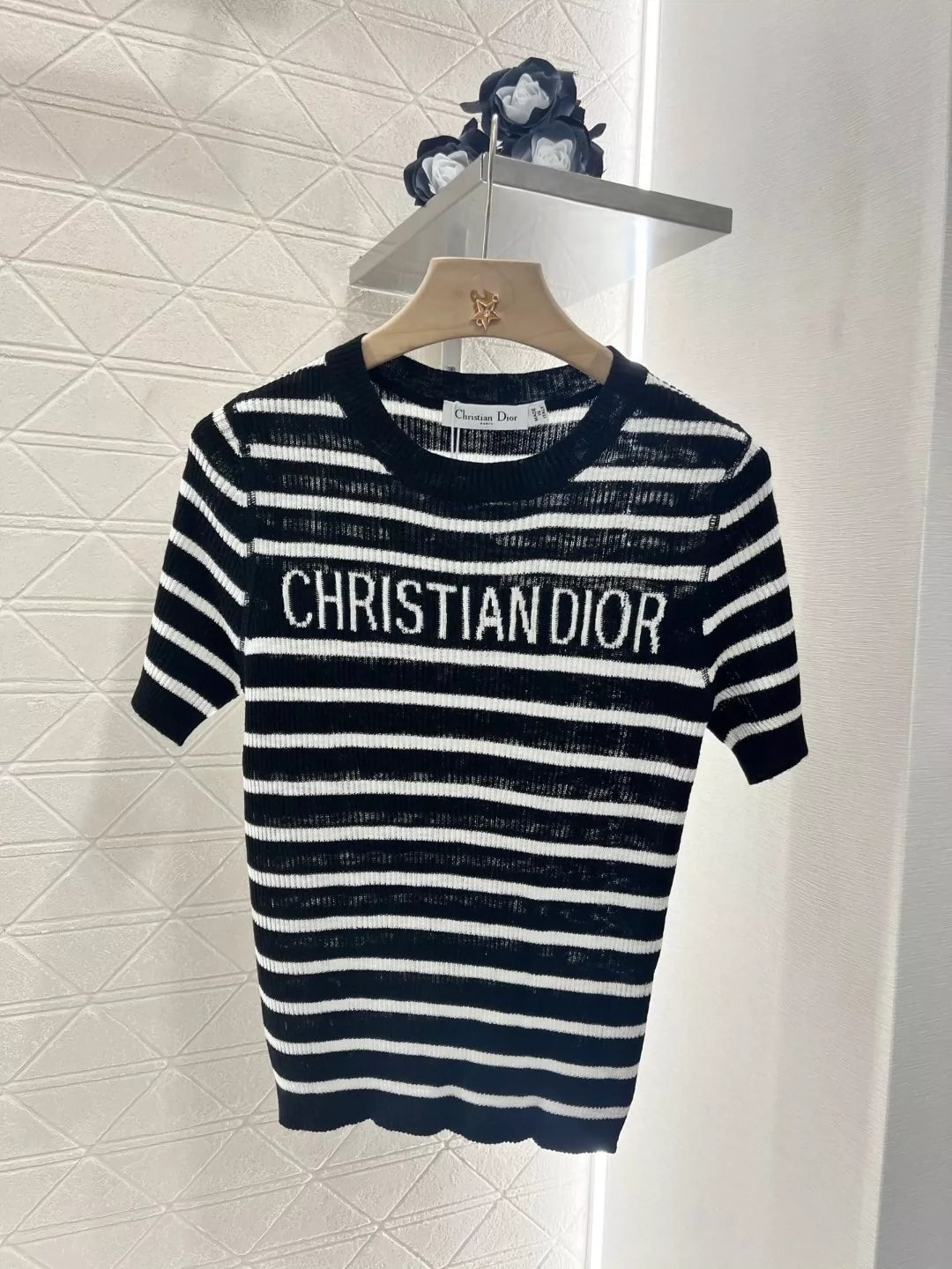 D 25 Spring and Summer new striped knitted short-sleeved top(black,white,pink)