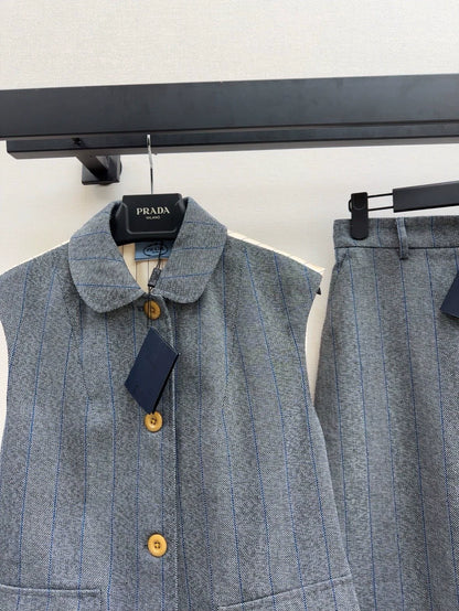 p 25 Latest Splicing Practice Vest Jacket ➕Striped Suit Mid-Length Half Skirt