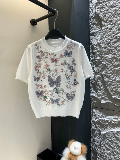 D 25 Butterfly Embroidery Short Sleeve Knit Top