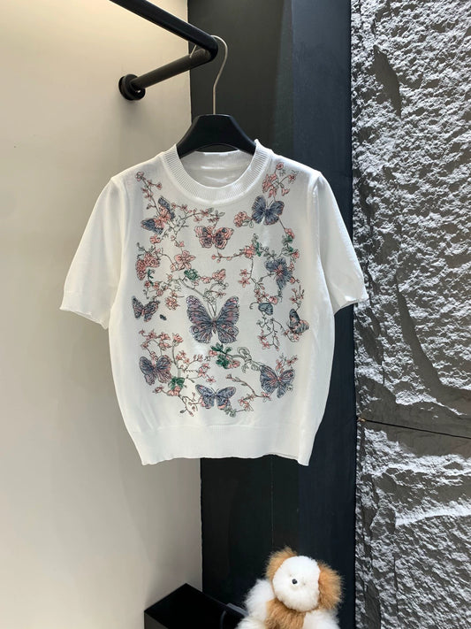 D 25 Butterfly Embroidery Short Sleeve Knit Top