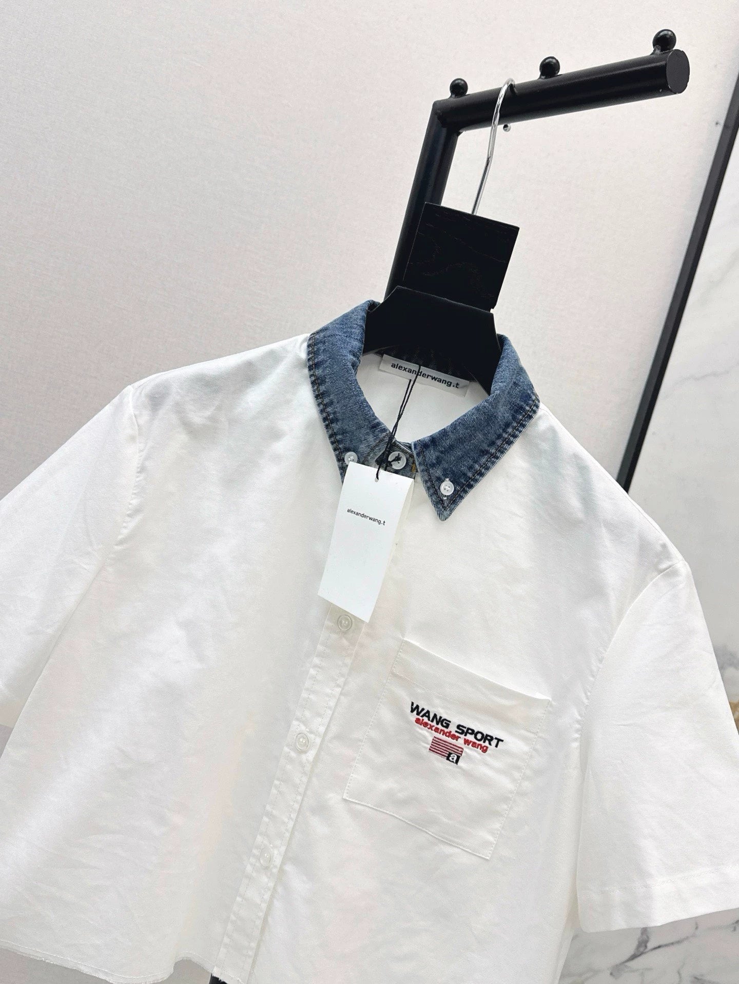 A 25 spring and summer newest style denim patchwork small short shirt