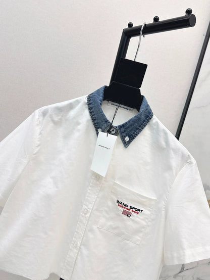 A 25 spring and summer newest style denim patchwork small short shirt