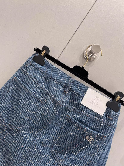 Spring/Summer New Heavy duty sequin denim half skirt