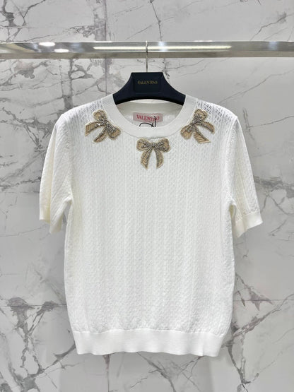 V 25 New French Heavy Duty Bow With Diamonds Short Sleeve Knit