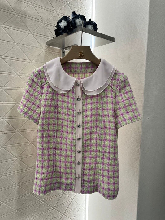 C 25 Spring/Summer New Tweed Patchwork Silk Lapel Short Sleeve Blouse