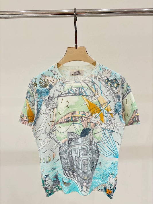 H 25 Early Spring New Round Neck Sailboat Pattern Color Printing Casual Knitted Short Sleeve