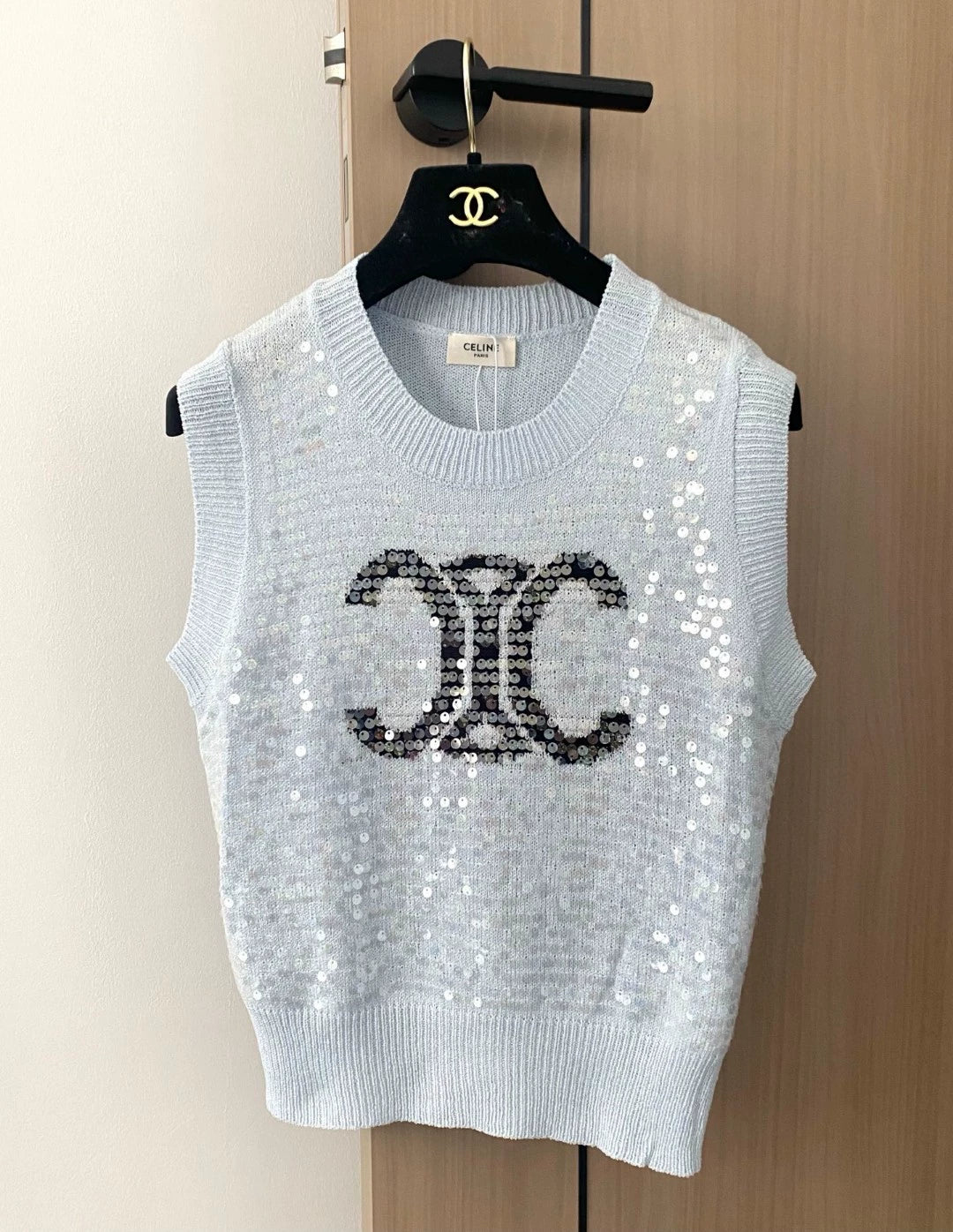 CE 25 new contrast pattern sequin round neck sleeveless knitted vest