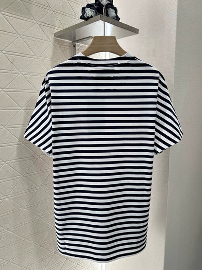 G 25 Round Neck Striped Letter Short Sleeve T-Shirt