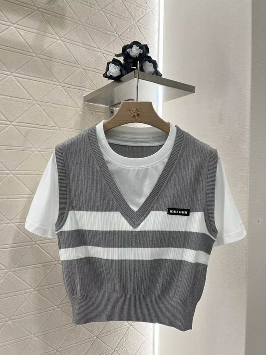 M 25 New Color Clash Fake Two Piece Top