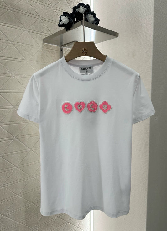 C 25 Embroidered Beaded Letter Short Sleeve T-Shirt