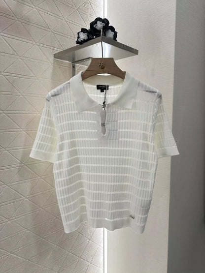 C 25 Spring/Summer New Hollow Front Striped Knit Short Sleeve Top(white gray pink balck)