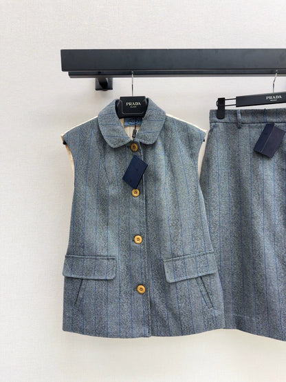 p 25 Latest Splicing Practice Vest Jacket ➕Striped Suit Mid-Length Half Skirt
