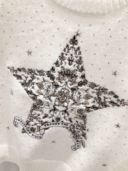 D 25 New Five-pointed star embroidery round neck short-sleeved knitted top
