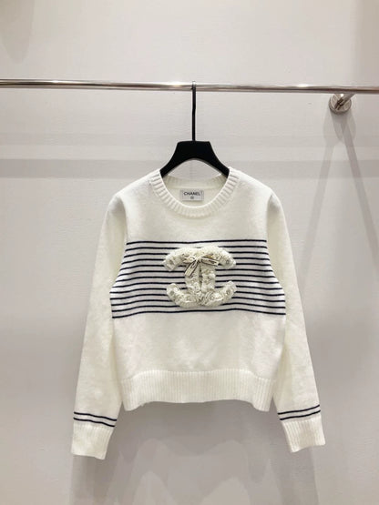 C 25 new style chest lace beaded logo round neck long sleeve knitted top