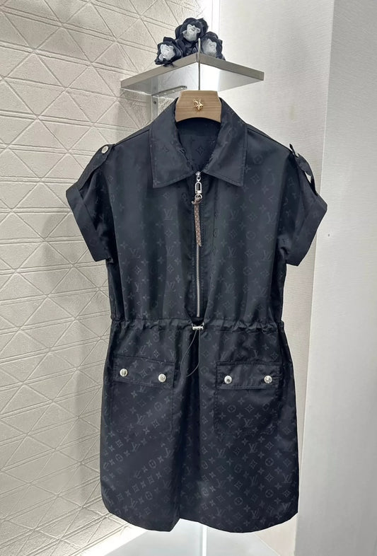 L 25 Spring/Summer Short Sleeve Jacquard Drawstring Dress