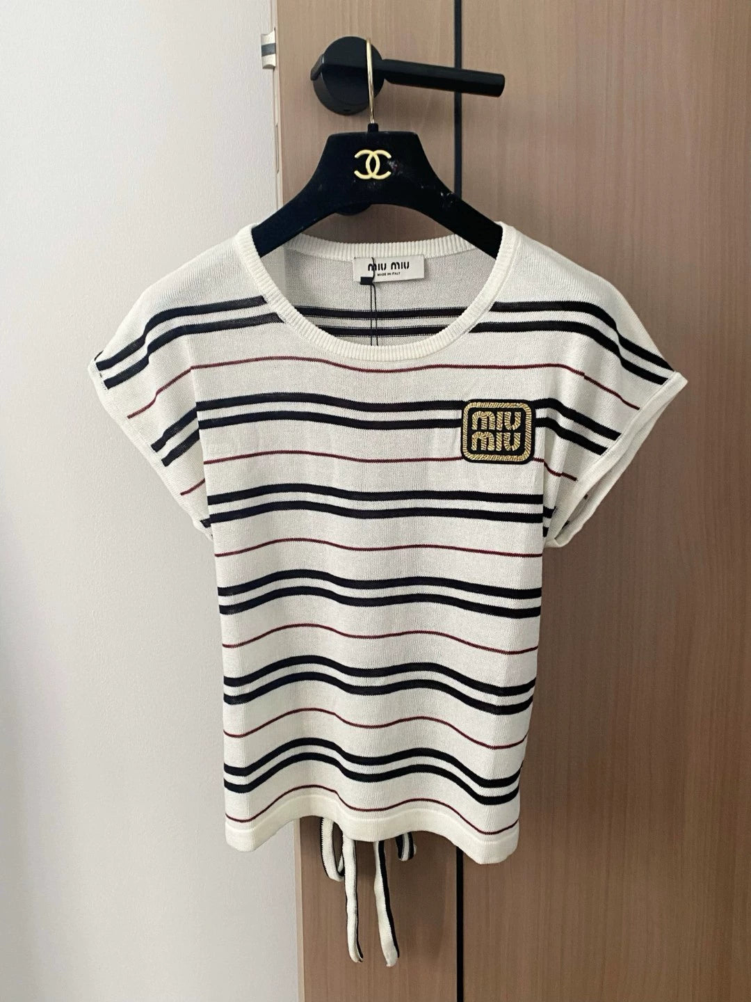 M 25 New Striped Tie Crew Neck Short Sleeve Knit