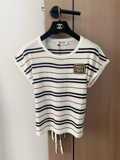 M 25 New Striped Tie Crew Neck Short Sleeve Knit