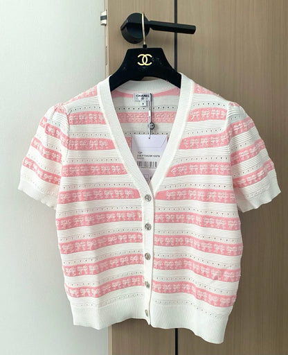 C 25 new striped bowknot V-neck short-sleeved knitted cardigan