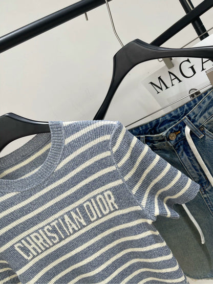 D 25Striped Linen Knit Short Sleeve Gray Blue