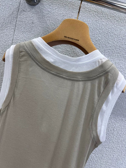 M 25SS new summer style fake two-piece contrasting color decorative label sleeveless vest