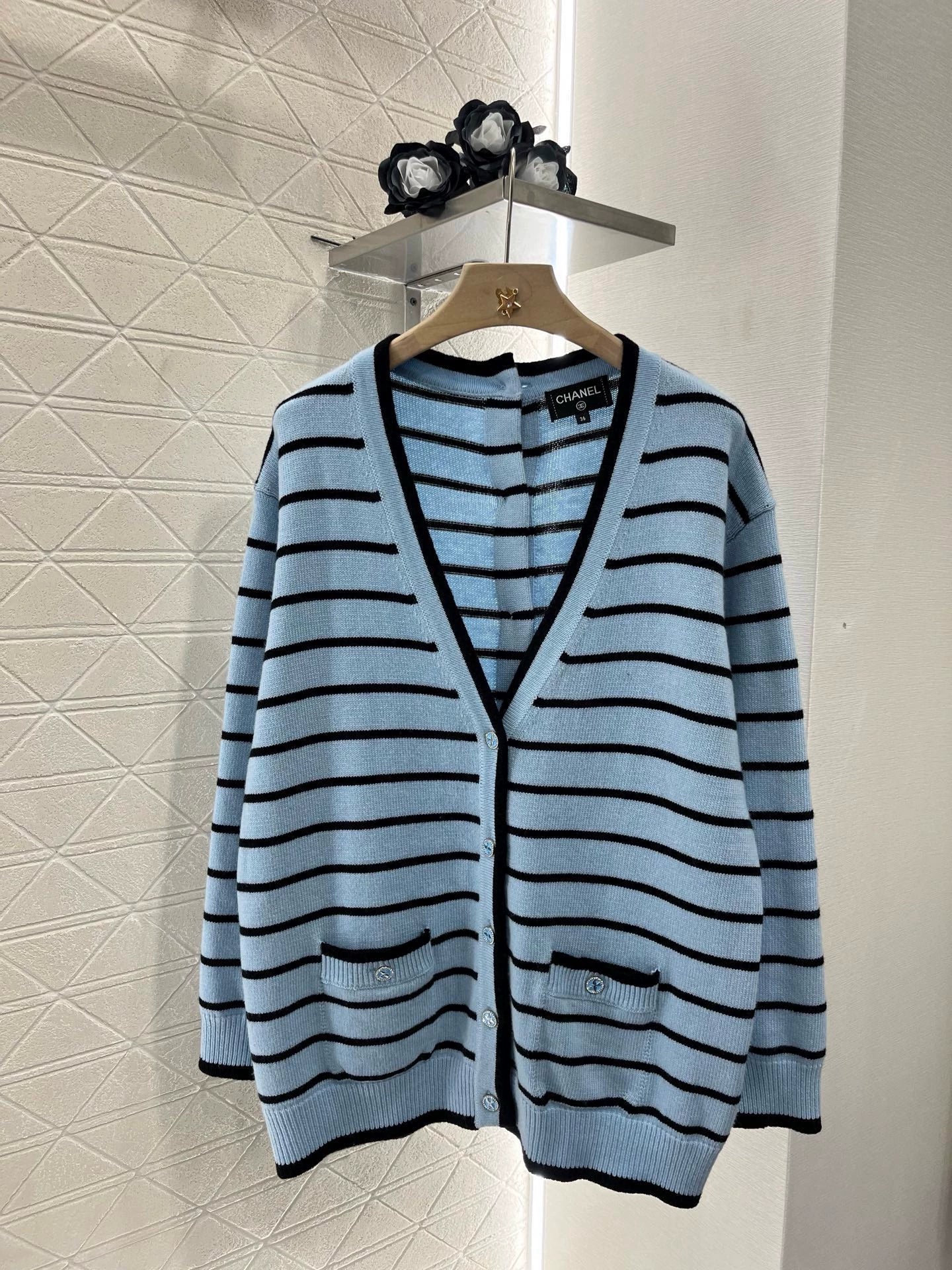 C 25 spring and summer new swallow logo buttons striped knit cardigan