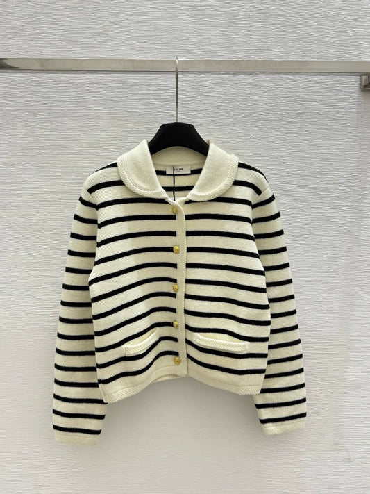 ce 25 Early Autumn New Striped Lapel Long Sleeve Cardigan