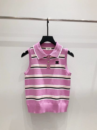 ce 25 New Striped Button Down Collar Sleeveless Knit Tank Top