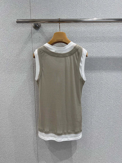 M 25SS new summer style fake two-piece contrasting color decorative label sleeveless vest
