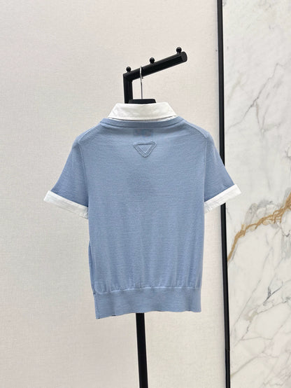 p 25 spring and summer new fresh ageing style false two-piece knitted short-sleeved