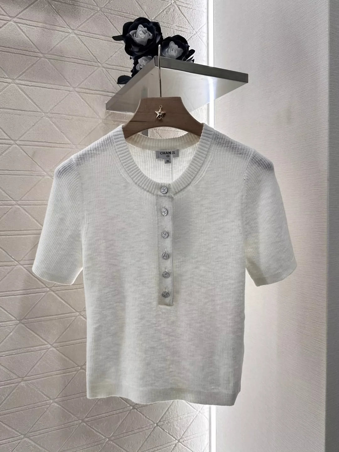 C 25 spring and summer new Flying Swallow logo buttons knitted short sleeve