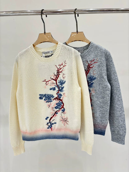 D 25 Spring and Summer New Round Neck Pine Branch Embroidery Jacquard Knitted Long Sleeve